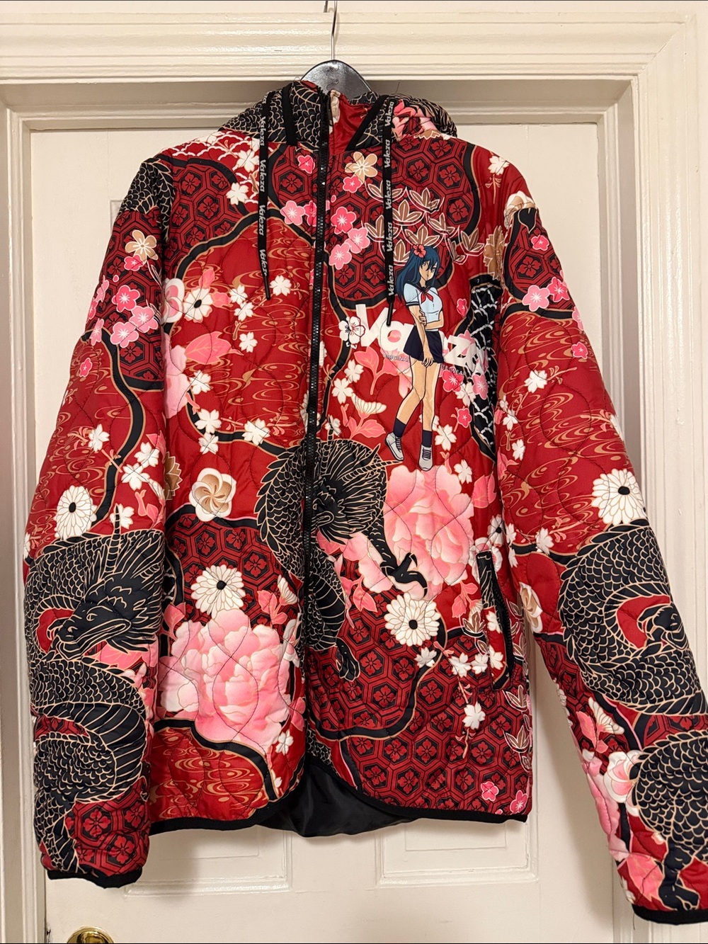 Women's Red Floral Dragon Quilted Hooded Puffer Jacket